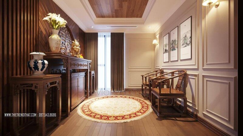 . Không gian trang nghiêm tĩnh mịch cần thiết để thờ cúng gia tiên đã được thể hiện qua phòng thờ được thiết kế bằng 100% gỗ óc chó.