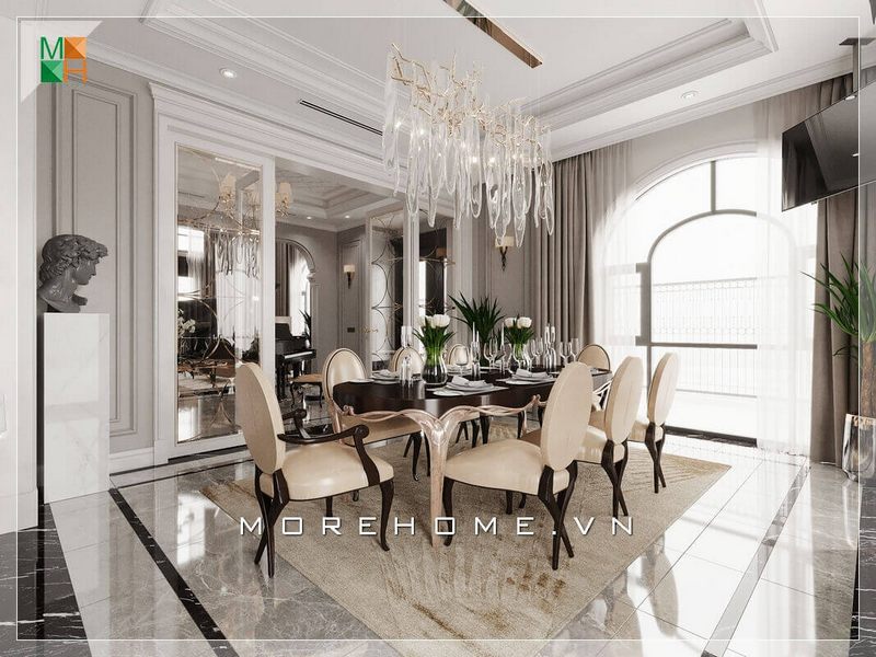 Mẫu thiết kế phòng ăn để tạo ra sự sang trọng và đẳng cấp cho các loại nhà ở như biệt thự, nhà phố, chung cư cao cấp.